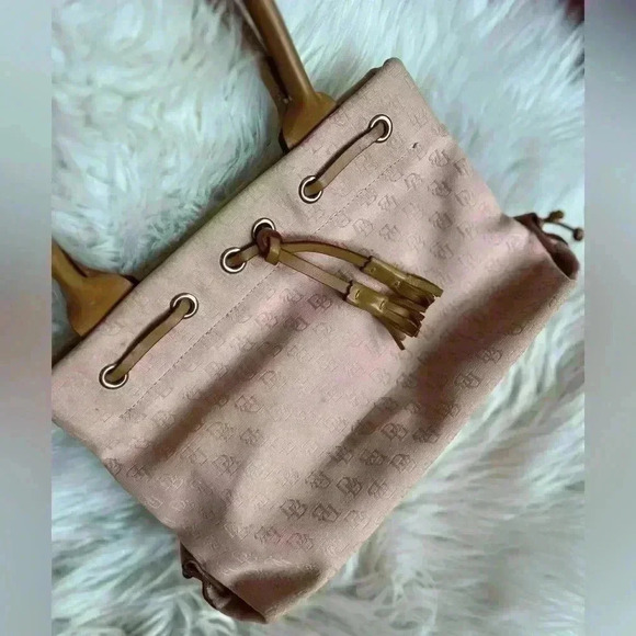 Vintage Dooney & Bourke Signature Monogram Tote Bag Pink Canvas Leather Handles - Picture 15 of 16